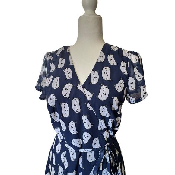 Eshakti Navy Blue w/ White Cat Print Wrap Dress Size M Boho Rock A Billy Taylor - Picture 1 of 14